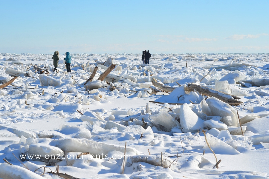 Picturesque frozen Lake Erie with broken icebergs near London, Ontario, Canada.