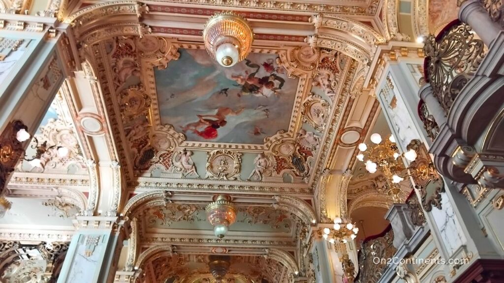 The ornate ceiling in New York Café Budapest